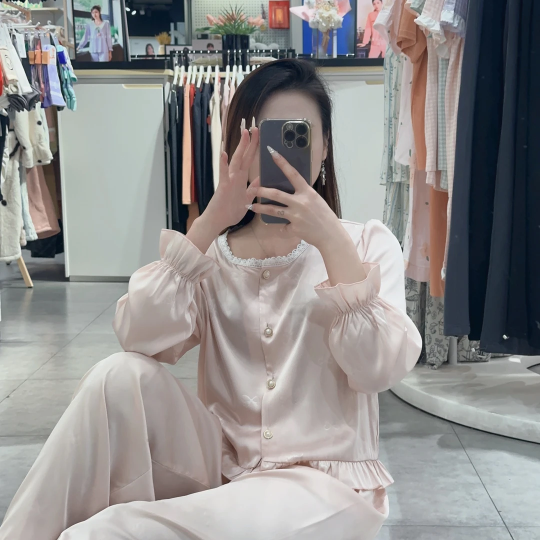 新款牛奶丝蝴蝶结提花套头圆领舒适长袖长裤家居睡衣套装1742