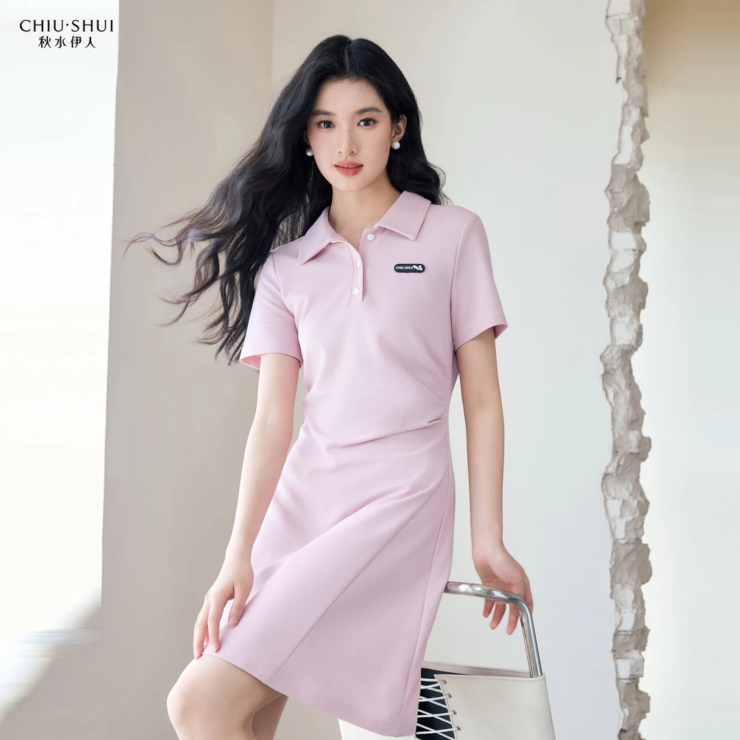 秋水伊人翻领连衣裙2025年夏季新款女抽褶收腰裙625242M020579