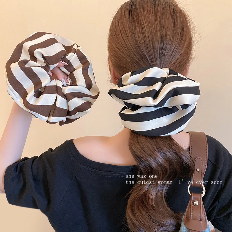 韩系条纹缎面大肠发圈高级感弹力发绳丸子头低马尾头绳小香风头饰