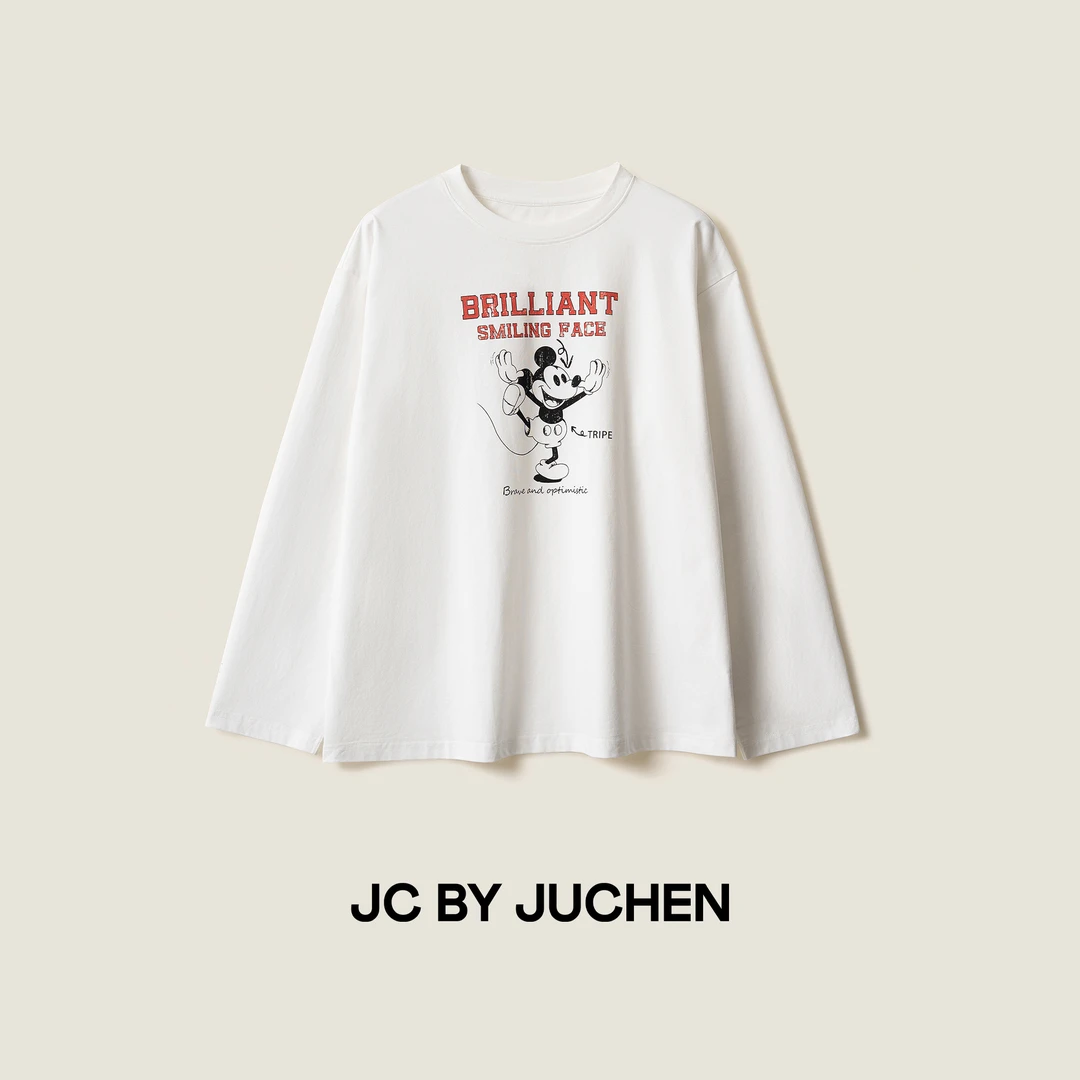 翘脚米奇经典卡通人物美式复古做旧印花宽松长袖上衣 FW044328