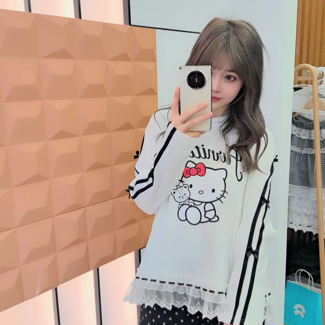 美少女自留！韩代新款 25春 蝴蝶结拉条花边KT猫拼接休闲T恤 上衣