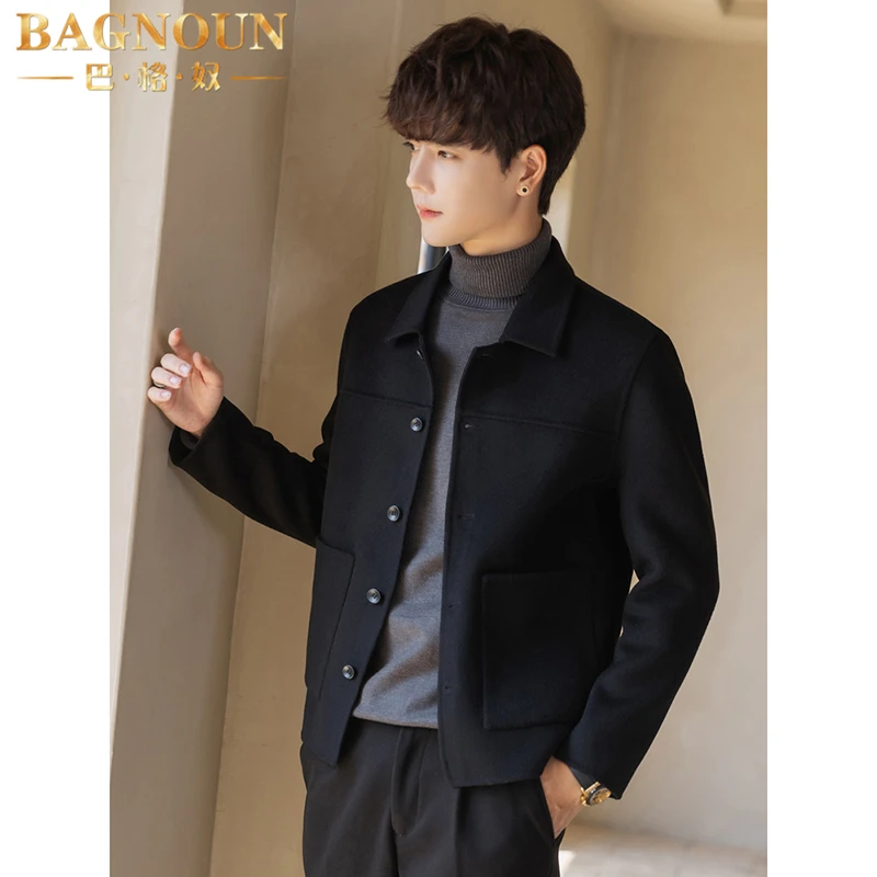 巴格奴夹克男士秋冬季新款时尚翻领休闲修身羊毛双面毛呢短款外套
