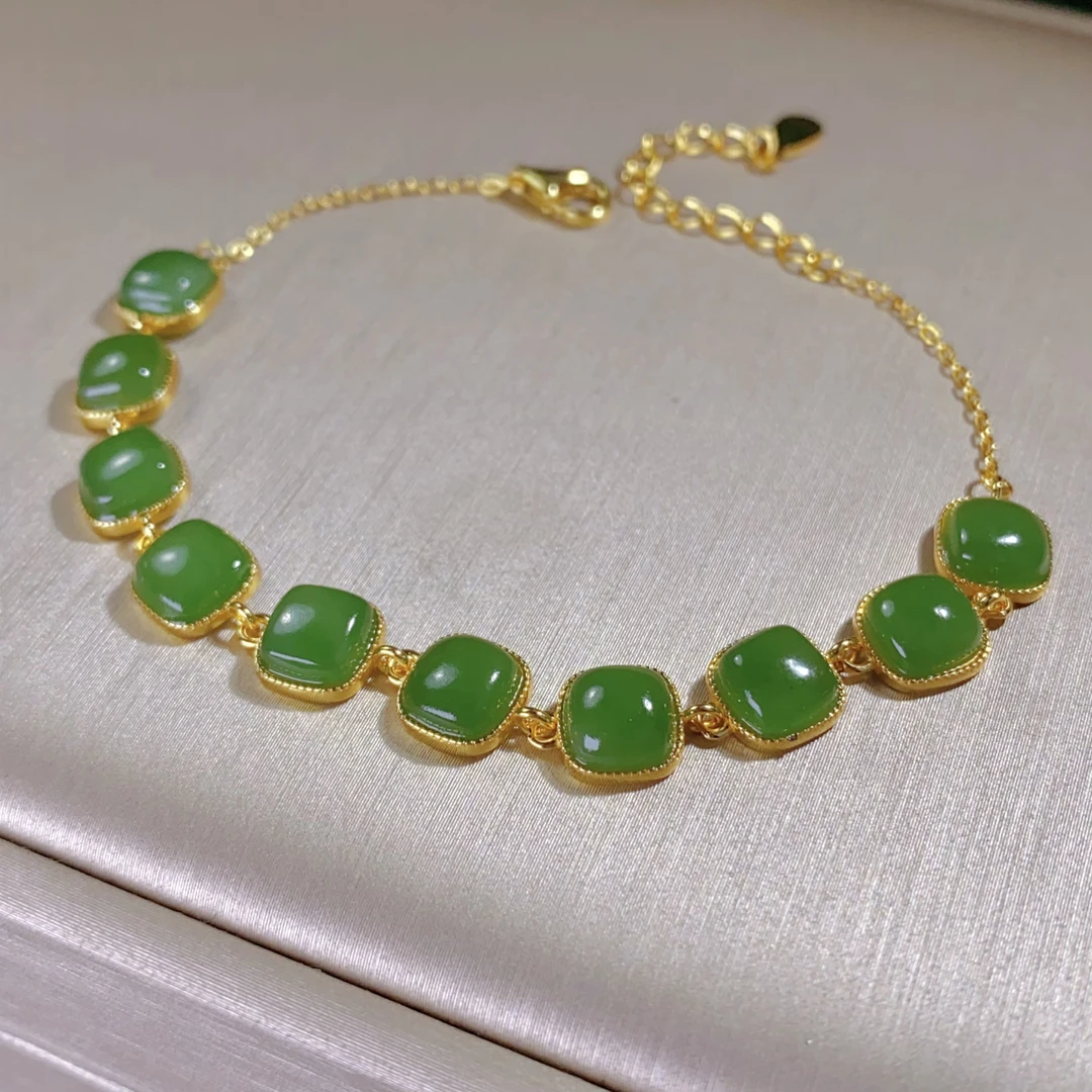 天然和田玉碧玉方糖925银手链时尚气质银手饰珠宝首饰女款@0019