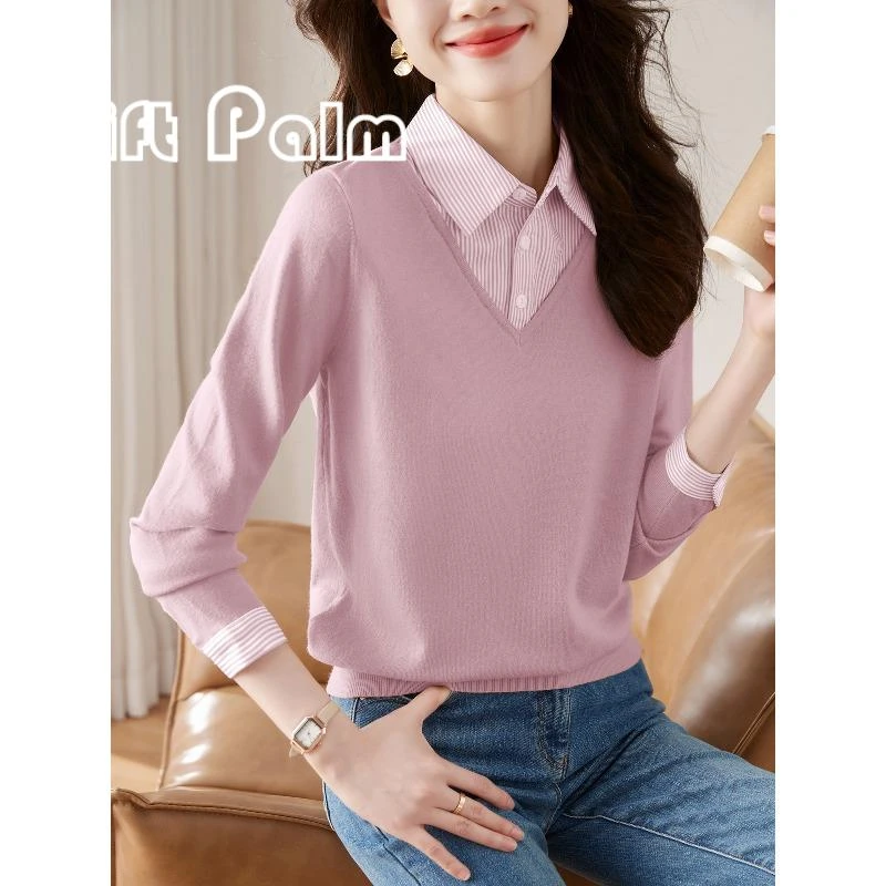 GiftPalm假两件针织衫女2025春装新款时尚洋气衬衫领毛衣打底上衣