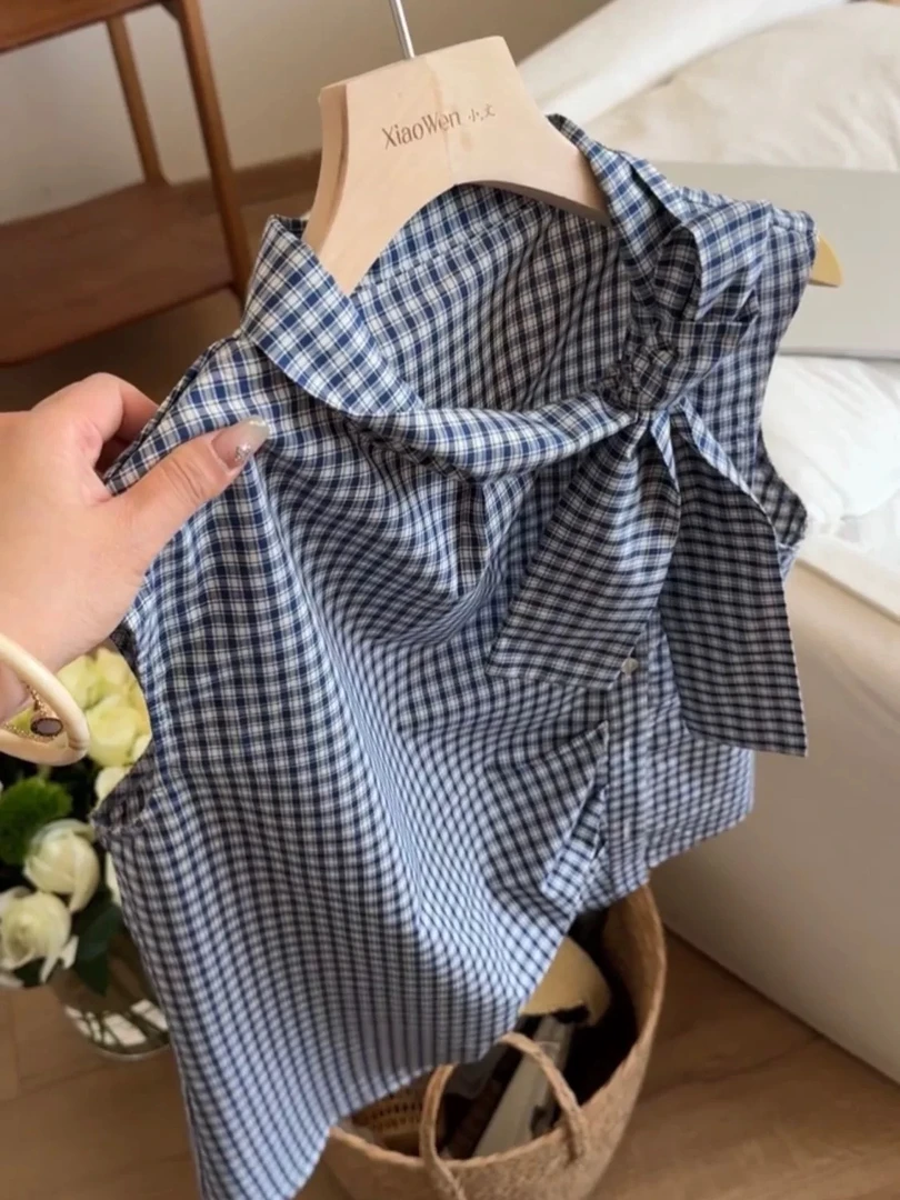 【1201-1400】编码夏季无袖常规绑带格子蝴蝶结衬衫复古森系风