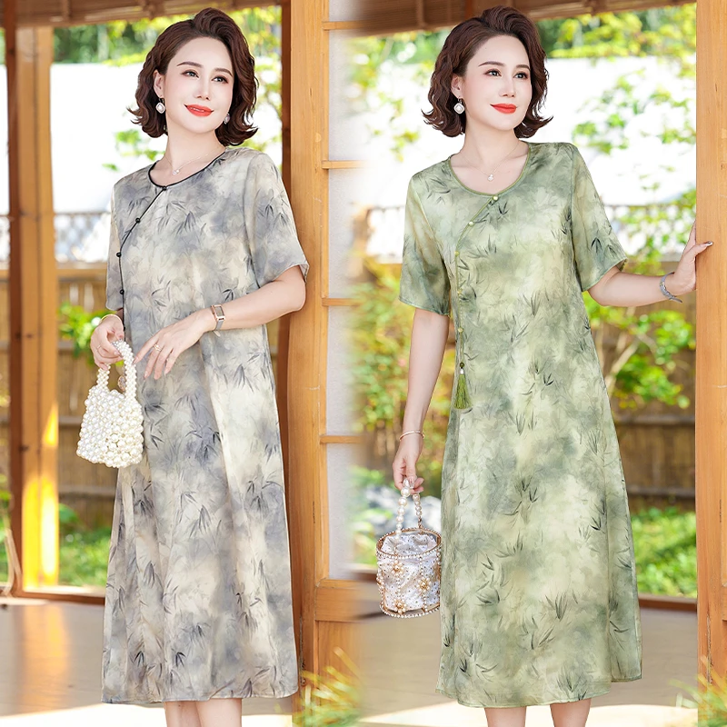 妈妈洋气薄款连衣裙中年女装夏装中国风中老年夏季气质印花长裙子