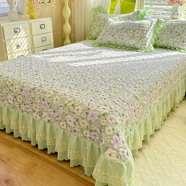 绗缝夹棉床盖韩版花边加厚床单防滑榻榻米炕盖床带裙边新款四季
