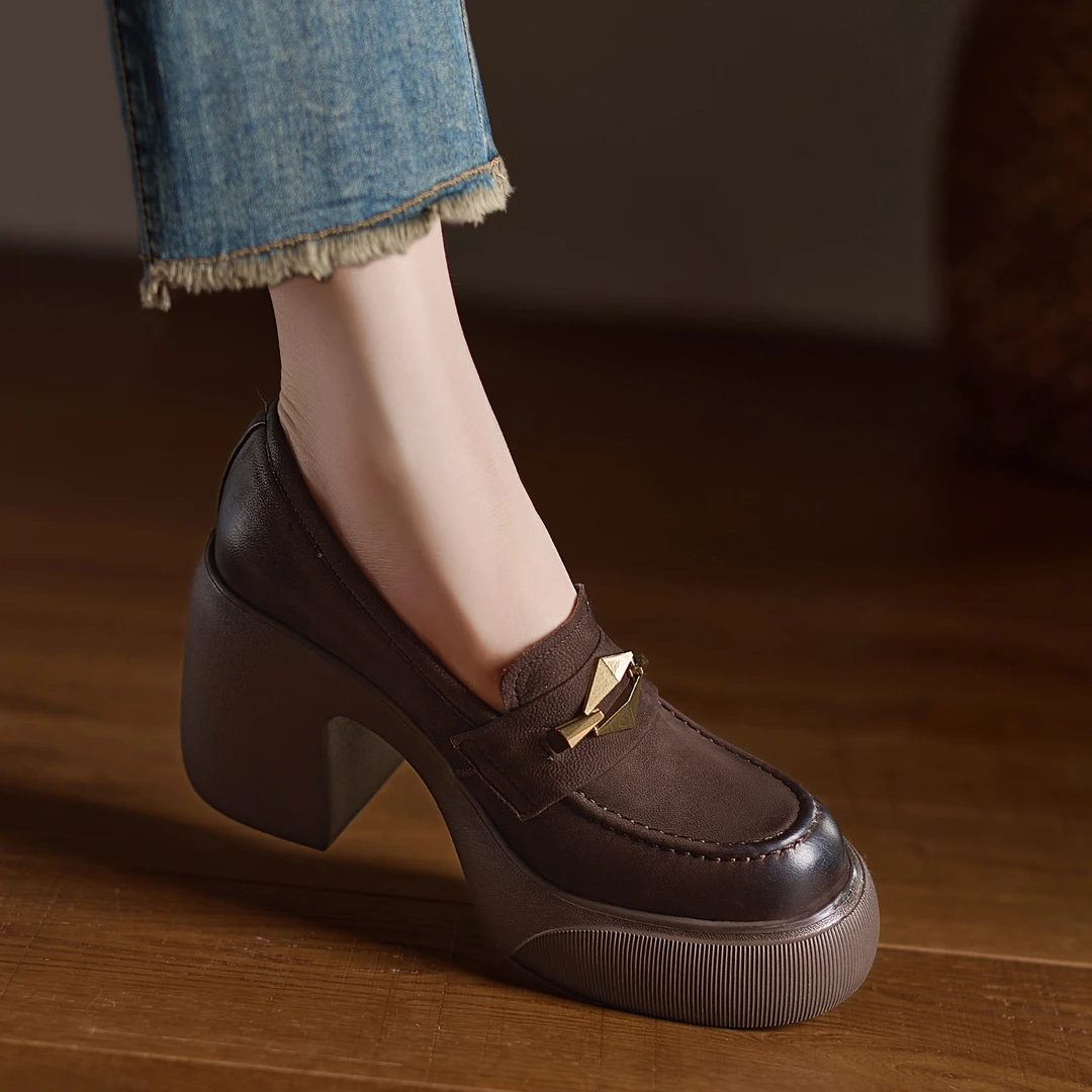 小个子手工女鞋9cm~棕色乐福鞋防水台单鞋女圆头小皮鞋舒适高跟鞋