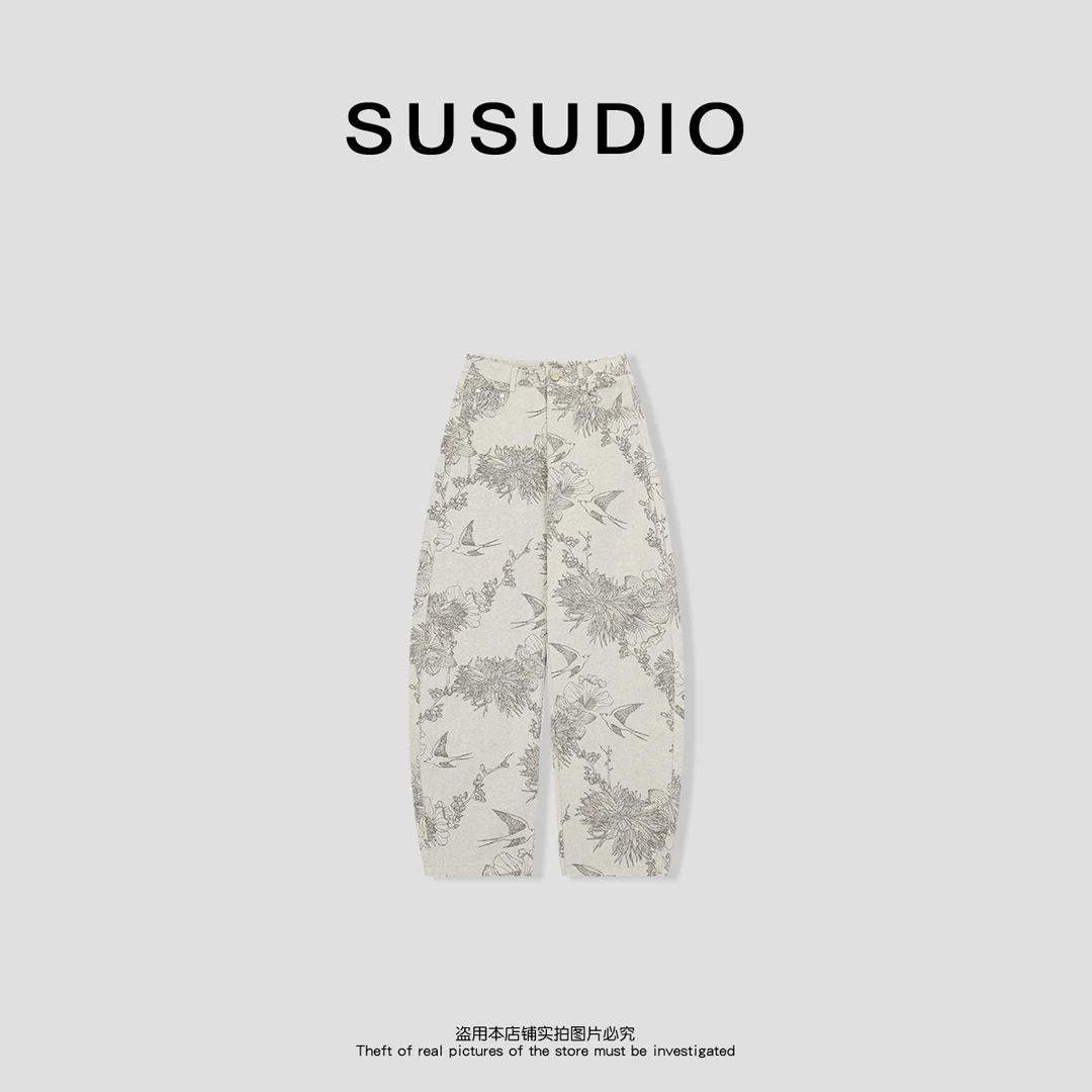 SUSUDIO 春夏新款美式复古提花飞鸟刺绣宽松高腰牛仔裤40201