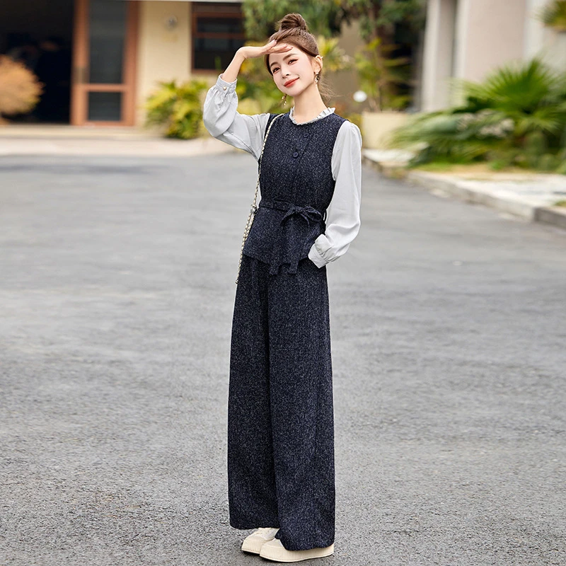 2025秋季新款高级气质显瘦洋气衬衫女阔腿裤马甲套装三件套高级感