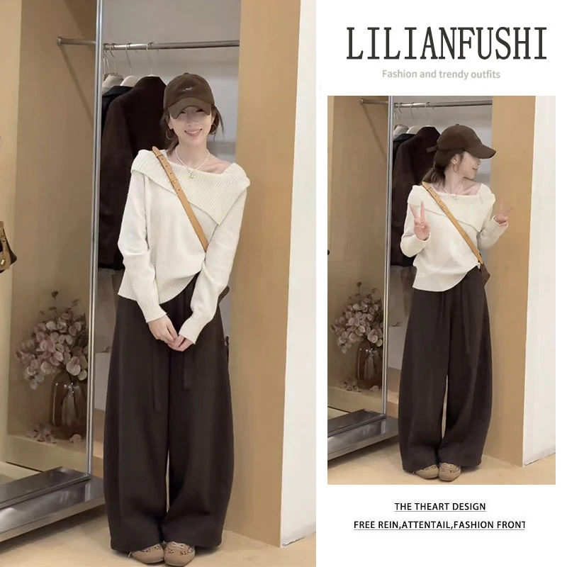 韩系穿搭2025秋冬新款设计感一字肩长袖针织衫阔腿休闲裤两件套女