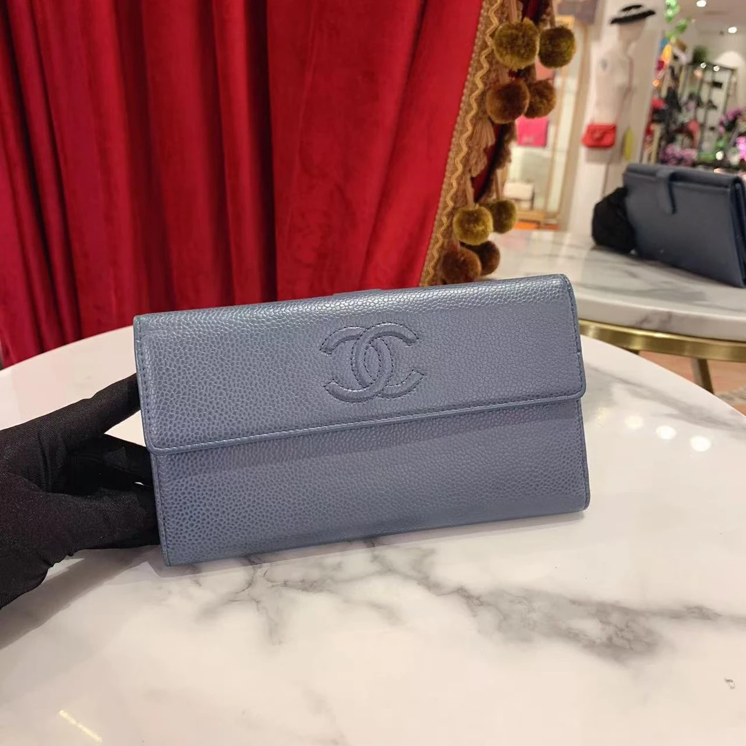 95新 Chanel/香奈儿 GGS香奈儿钱包蓝色银扣荔枝牛皮/24135541