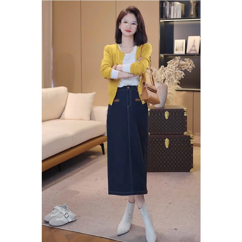 温柔时尚气质风穿搭秋季圆领软糯假两件长袖针织开衫百搭半身裙子