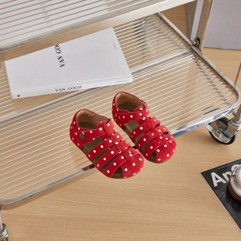 红色波点真皮儿童勃肯凉鞋休闲鞋女童包头凉鞋公主鞋女童勃肯鞋