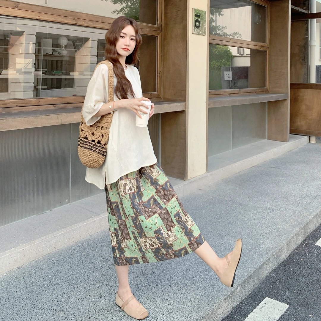 夏日绝美俏皮松弛感套装裙今年流行亚麻中袖上衣印花半身裙两件套