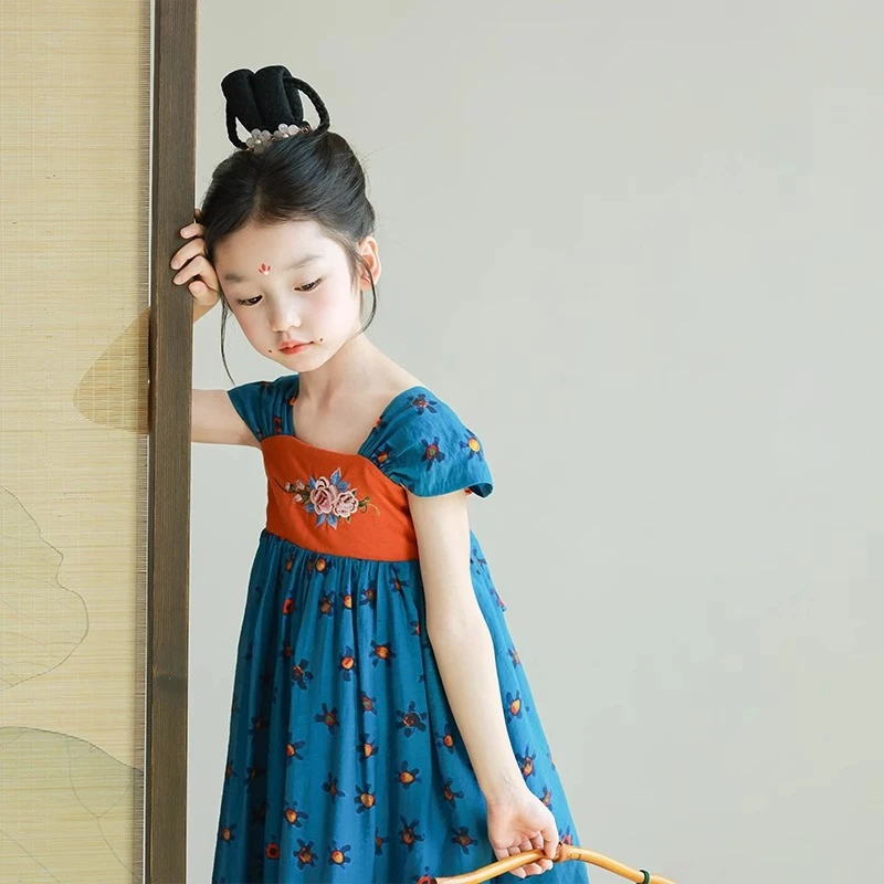 女童旗袍夏装2025新款中国风新中式汉服女孩蓝色碎花连衣裙子
