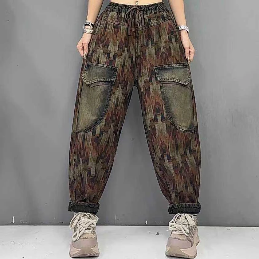 2024加绒加厚冬季宽松厚百搭口袋字休闲松紧水洗哈伦裤牛仔裤大码