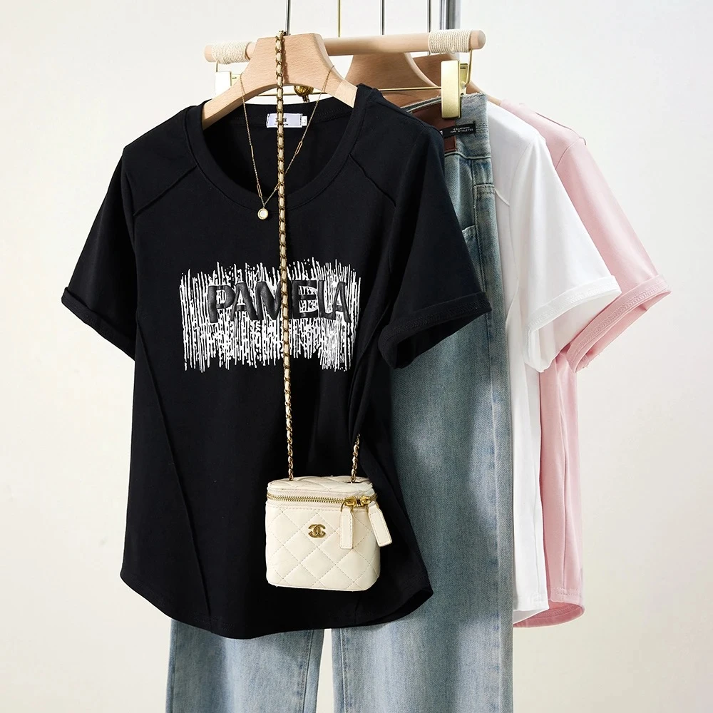 大码女装短袖T恤显瘦设计感鱼骨刺绣圆领休闲时尚上衣夏季1028