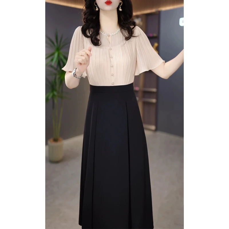 轻奢高级感短袖连衣裙女2025夏季新款妈妈十三行爆款假两件显瘦裙