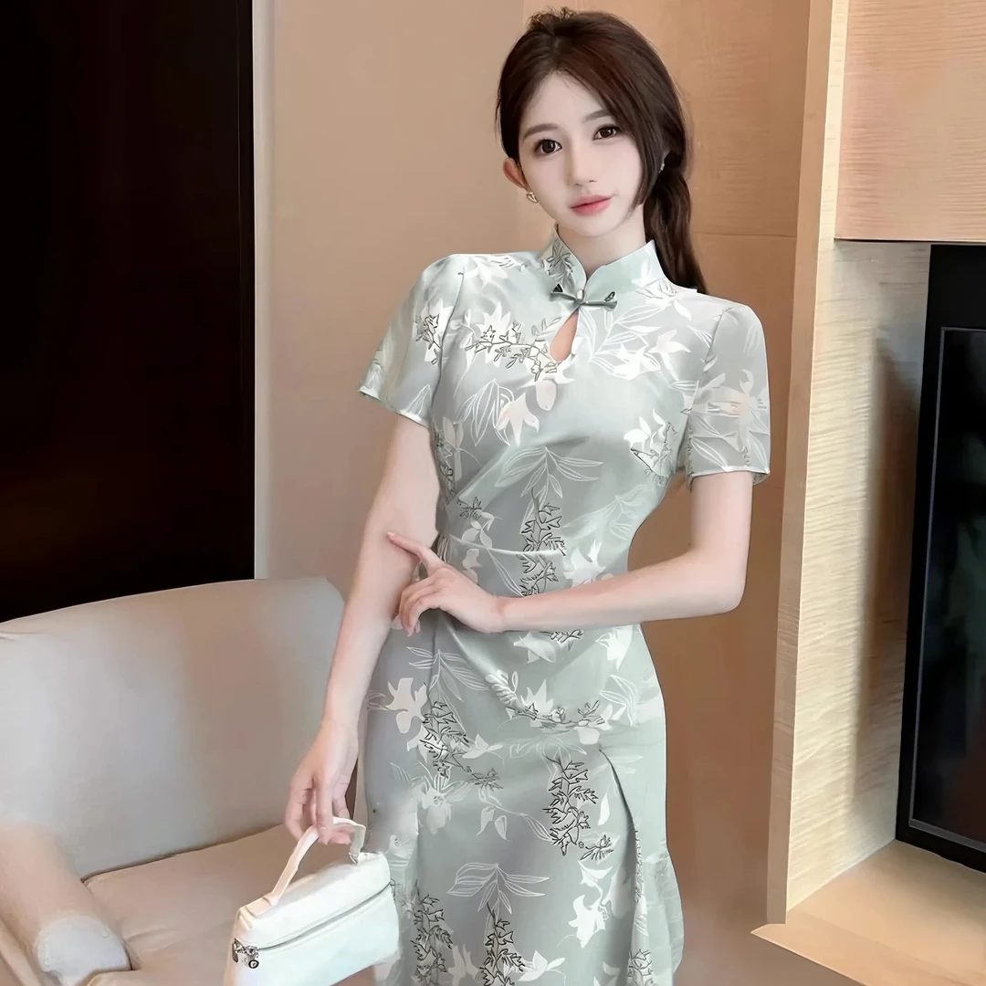 B【有里布】夏季显瘦女新中式设计感2025新连衣裙收腰短袖长裙D1674