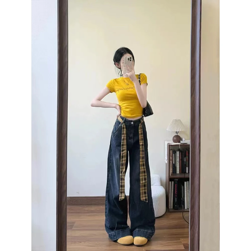 美式辣妹套装女2025夏季修身字母短袖上衣高级感阔腿牛仔裤两件套