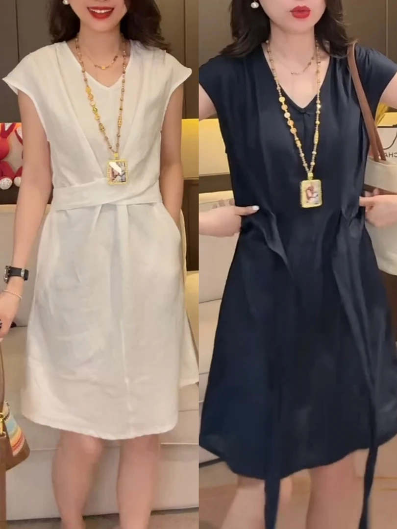 夏季新款薄款轻奢时尚飞袖棉麻连衣裙宽松收腰绳显瘦洋气减龄女裙