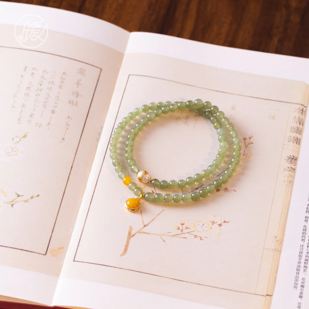 双圈和田玉手串4mm搭配圆形蜜蜡吊坠手链A7389多样性发一