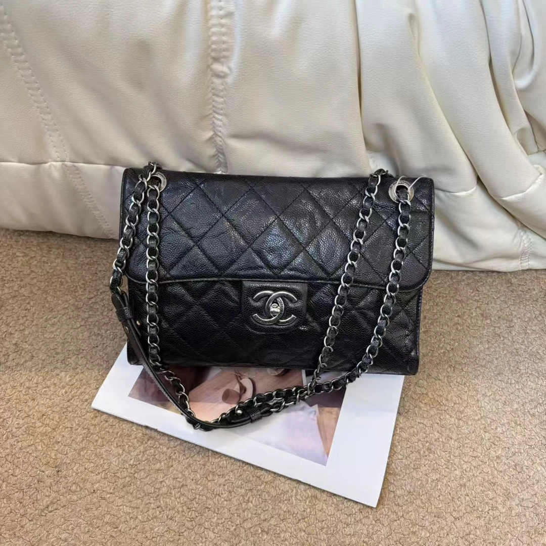 95新 Chanel/香奈儿 Chanel 黑银 荔枝牛 限定口盖包/652268416