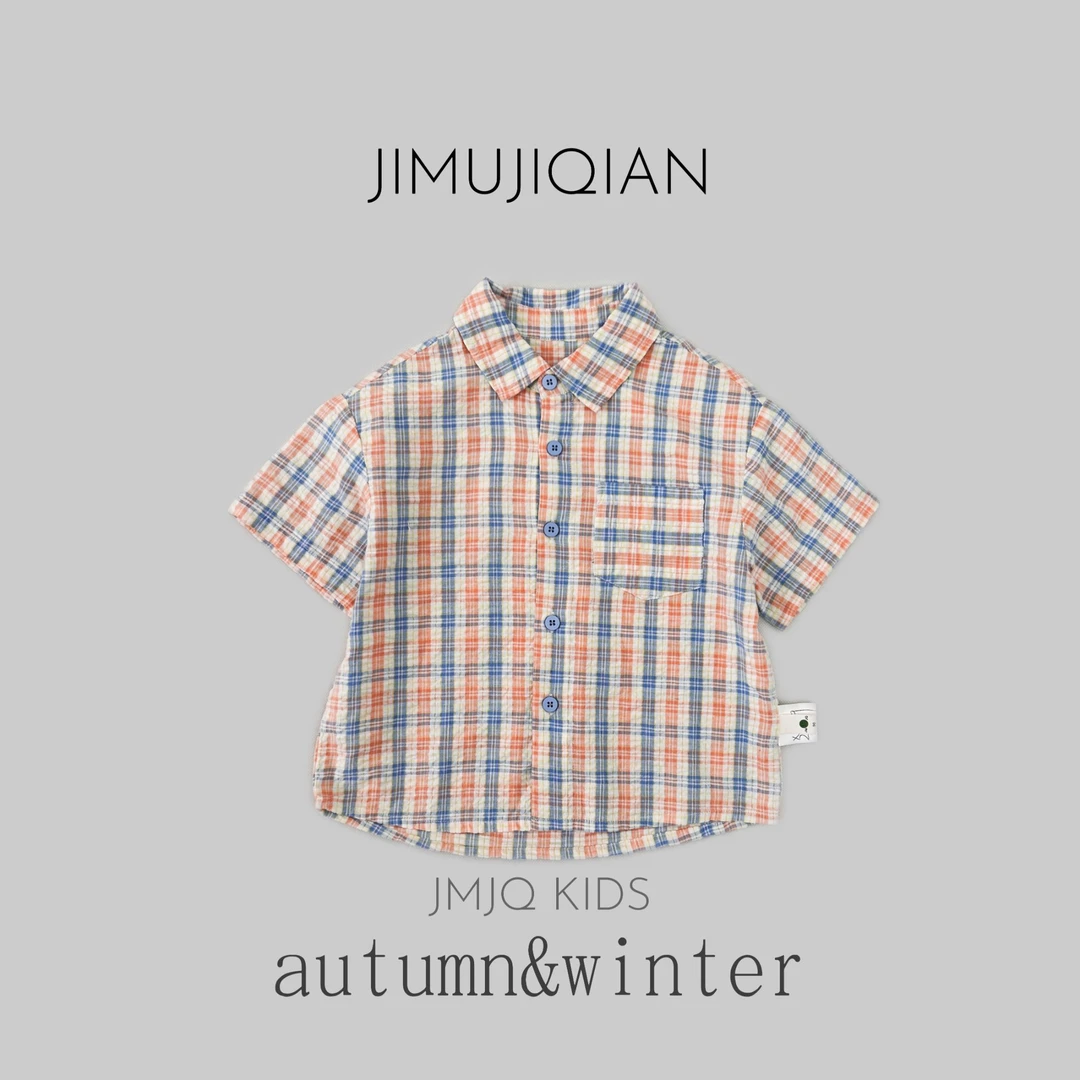 JMJQ夏季韩版中小童泡泡纱工艺薄款上衣格子翻领衬衫25120