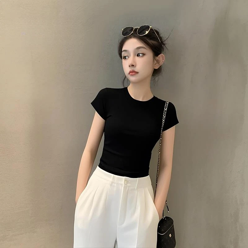 2025新款夏季小圆领短袖T恤女针织薄款小袖短款遮肚脐小众上衣服