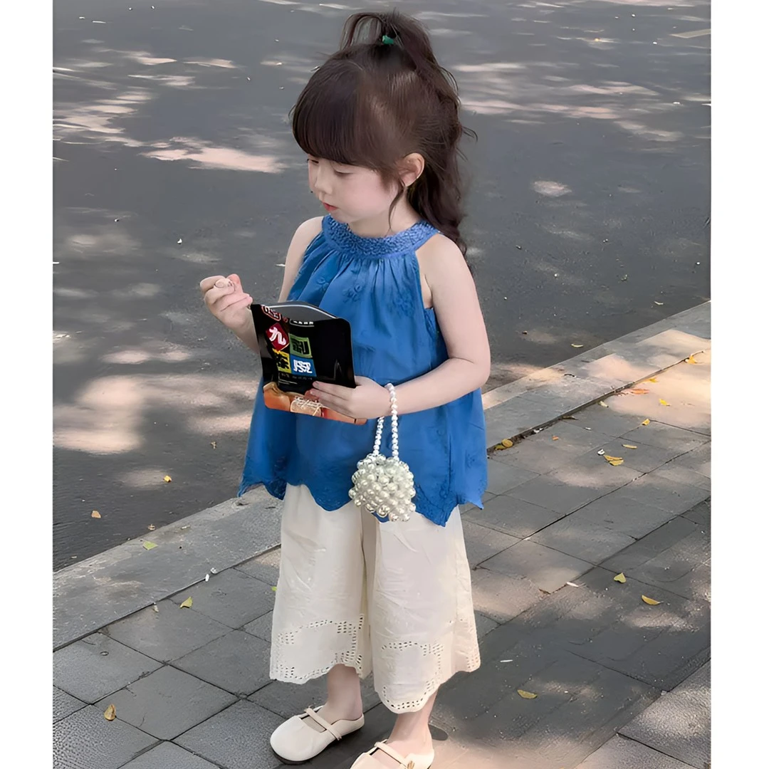 显白套装女童夏季套装2025新款洋气女宝宝度假风挂脖背心儿童韩版