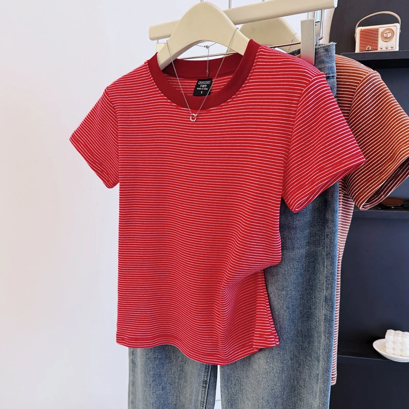 9114#条纹正肩短袖t恤女夏季2025新款修身显瘦独特漂亮设计感上衣