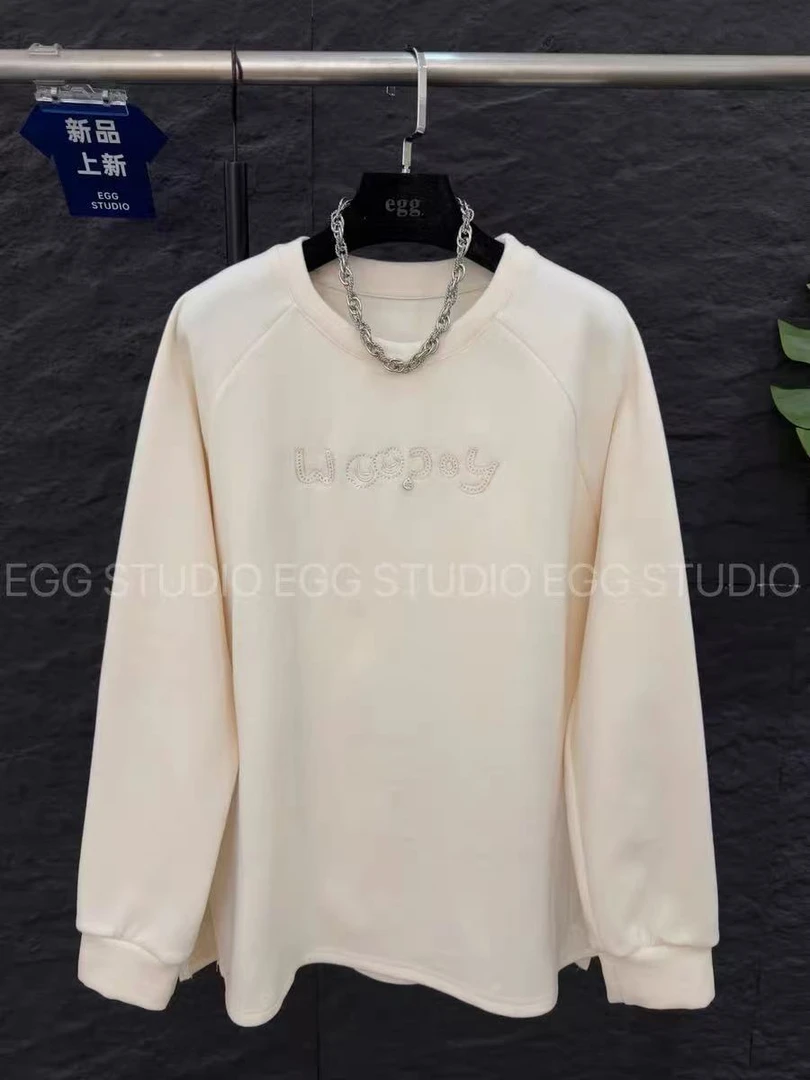 圆领字母刺绣宽松长袖T恤衫女休闲慵懒纯色百搭上衣秋冬新款