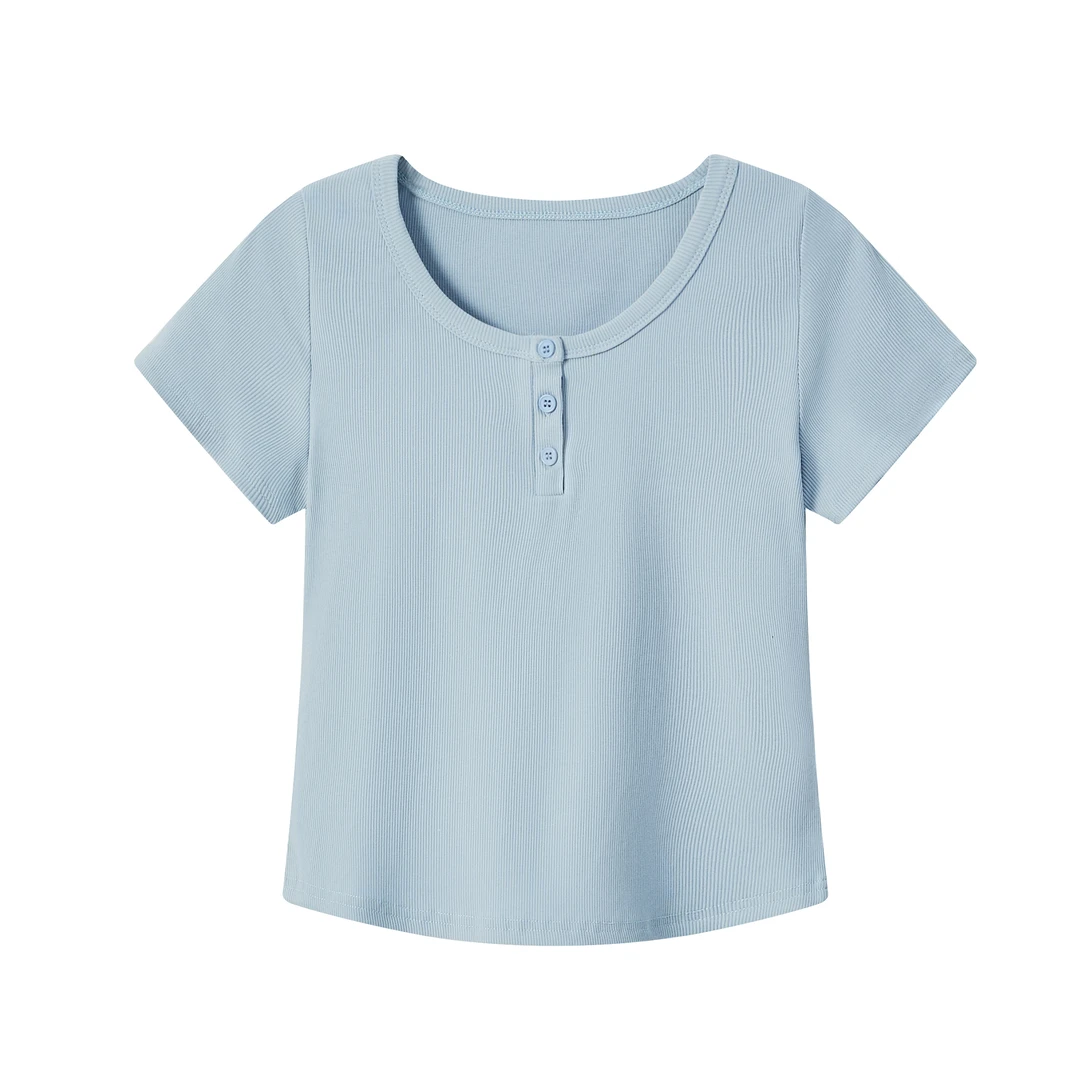 夏季新款小众显瘦时尚百搭短款修身纯色多巴胺纽扣上衣百搭T恤女