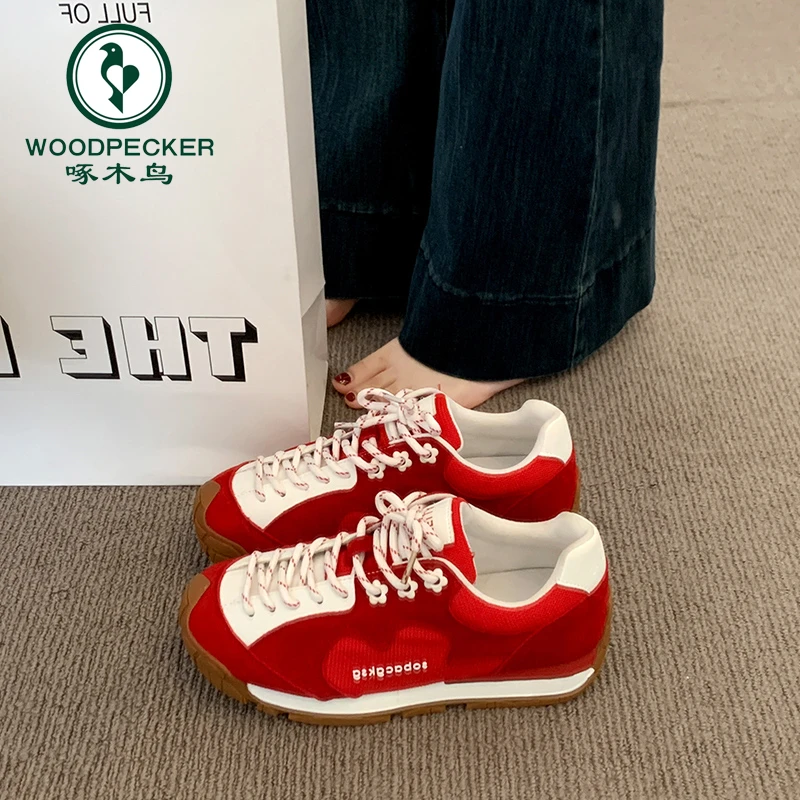 啄木鸟7cm内增高网面透气德训鞋女复古2025夏红色厚底休闲运动鞋