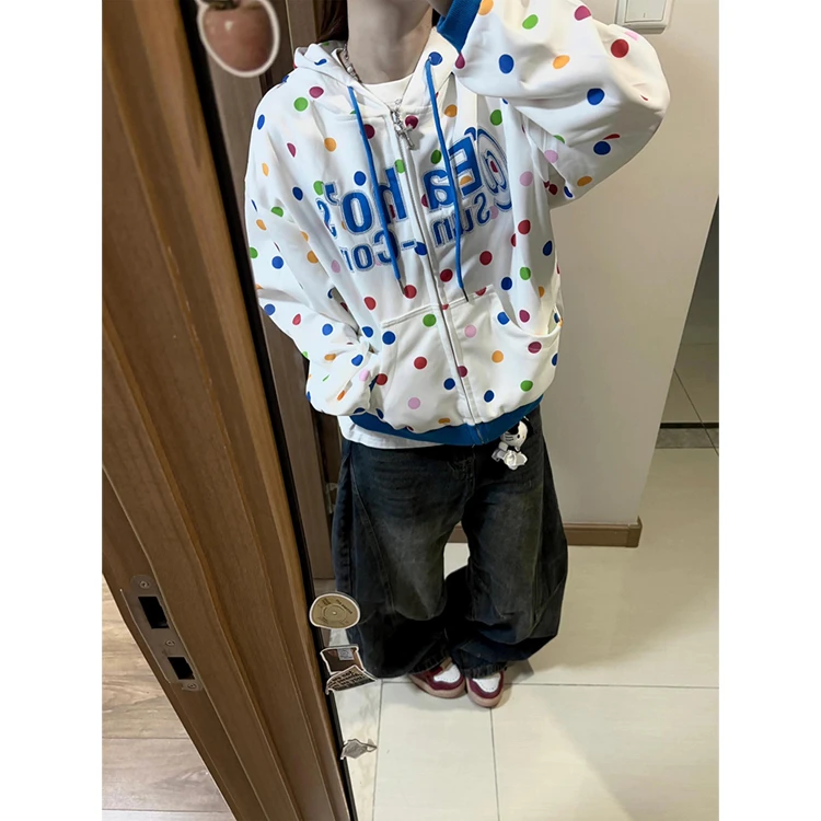 纯棉美式字母刺绣波点连帽卫衣女春秋设计感小众宽松百搭开衫外套