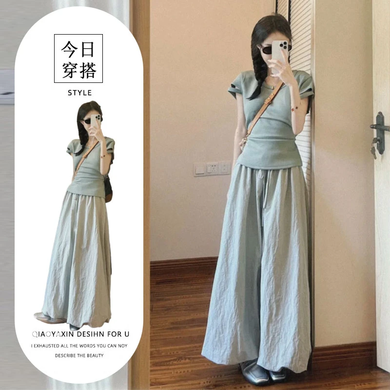 减龄搭配一整套夏装独特漂亮韩风chic短袖T恤高腰半身裙两件套装