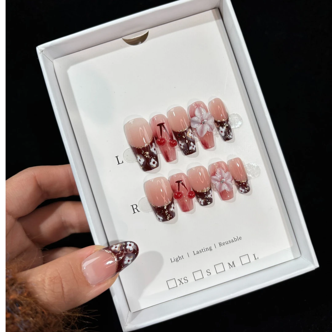 「幸不晚」微醺玫瑰樱桃雕花纯手工穿戴甲原创高级感美甲百搭服饰