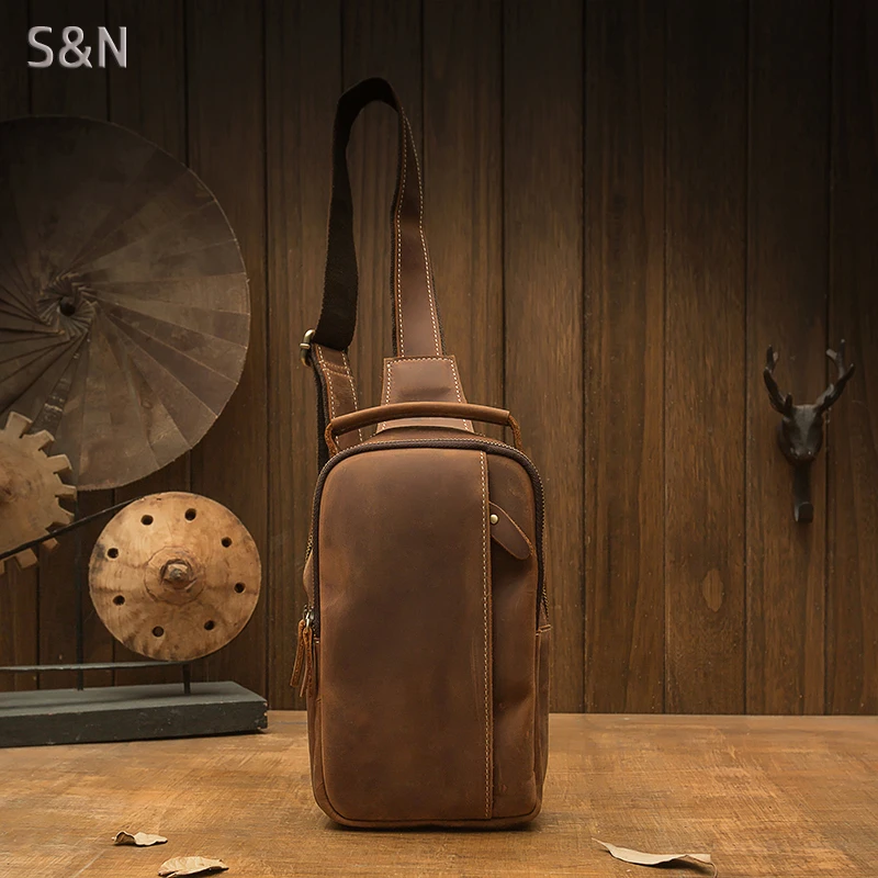 手工真皮潮流时尚胸包男士牛皮个性单肩斜挎包手机包潮牌超火男包