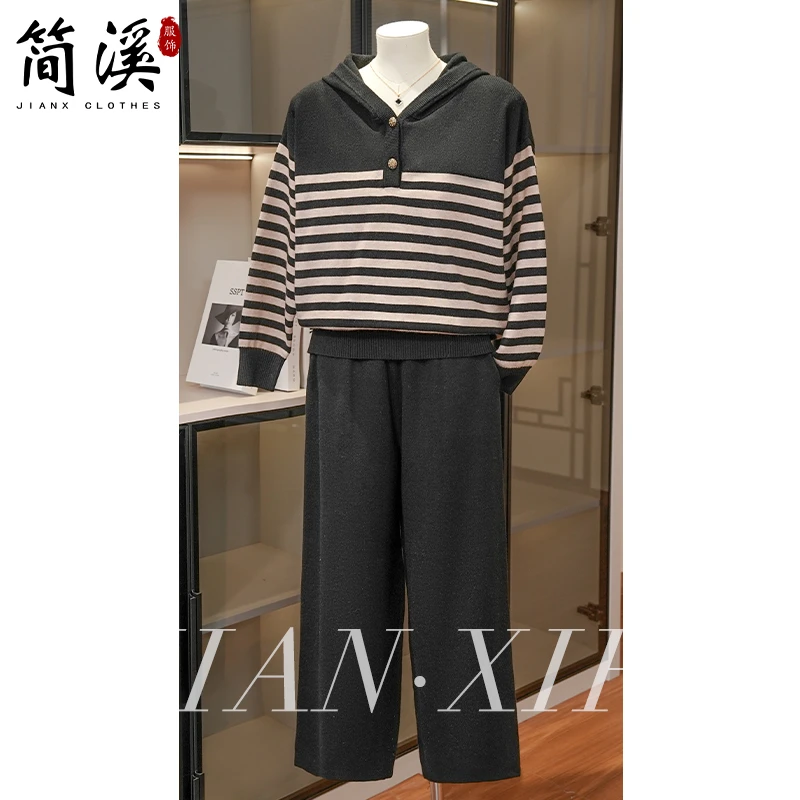 简溪妈妈休闲运动服套装2025新款中老年女秋季时尚条纹卫衣针织衫