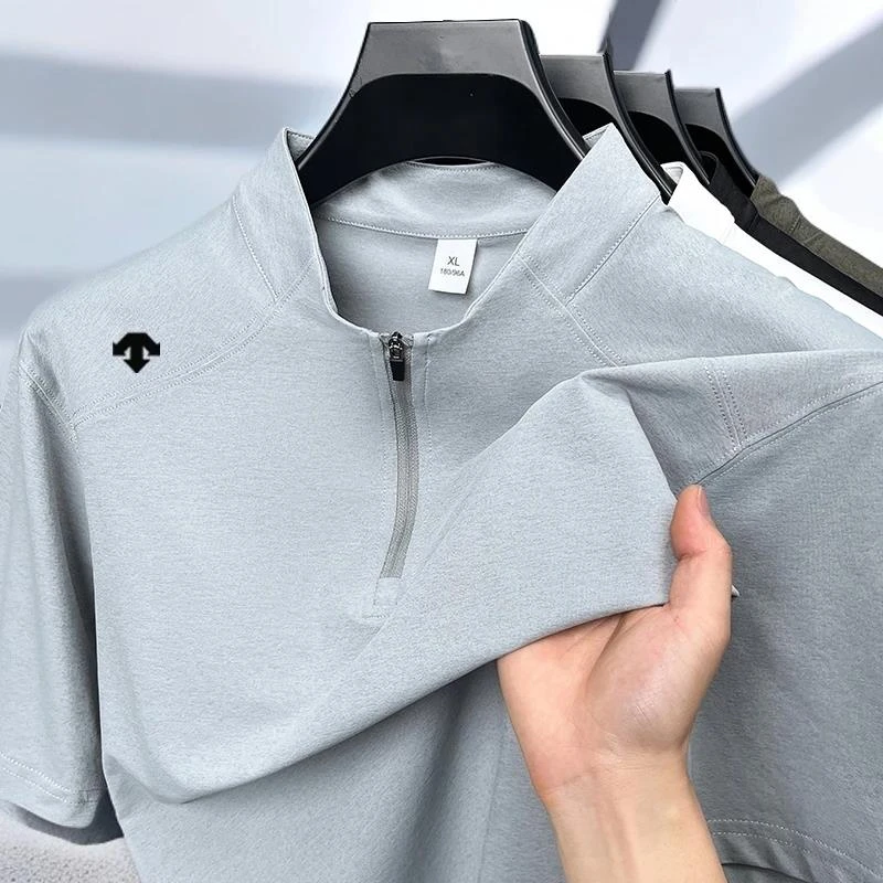 迪桑家短袖t恤男士夏季新款中青年半高拉链运动休闲时尚速干上衣