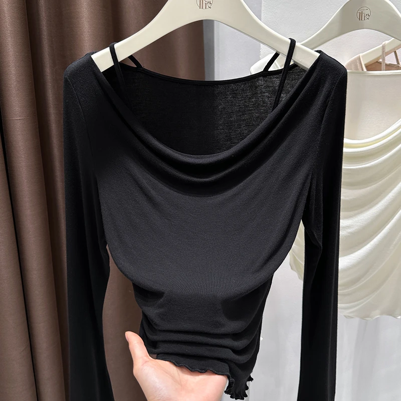 黑色长袖薄款褶皱收腰上衣2025女款新款洋气漂亮短款一字领T恤