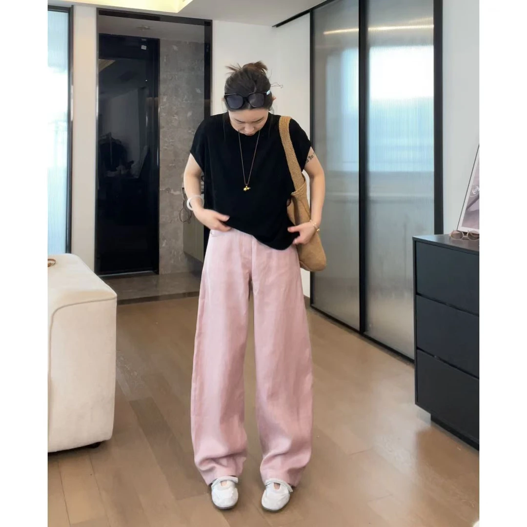 玖了个玖 2025春款 极简百搭立体剪裁麻料弯刀休闲裤 2504C1852