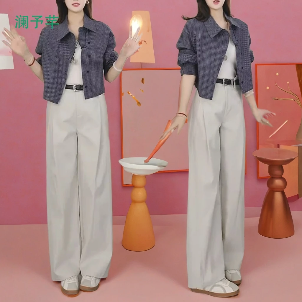 2025夏季新款天丝风琴高腰显瘦阔腿休闲裤女宽松冰丝西装风薄