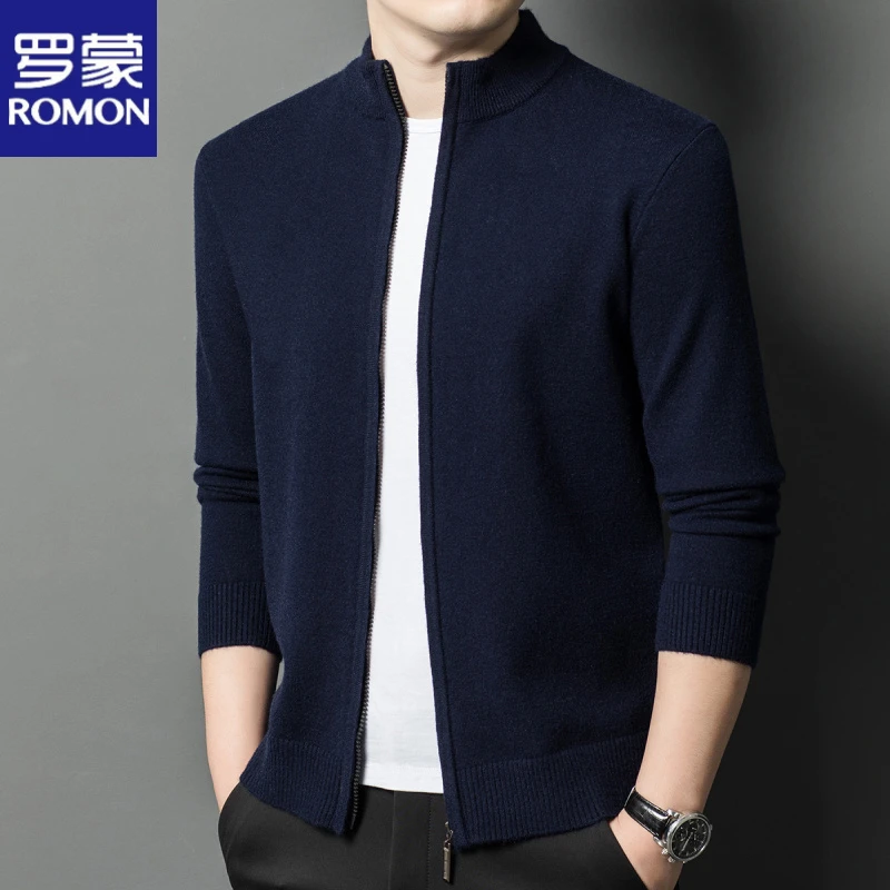 罗蒙加厚含羊毛秋冬新款立领拉链针织纯色百搭保暖男士开衫毛衣