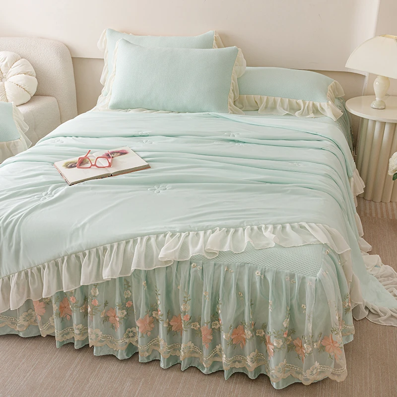 公主风冰豆豆凉席夏被四件套床裙款冰丝凉席可机洗空调软席子夏季