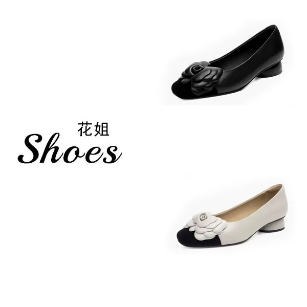 新GJ266-1低跟粗跟浅口中跟方头百搭法式纯色方跟单鞋