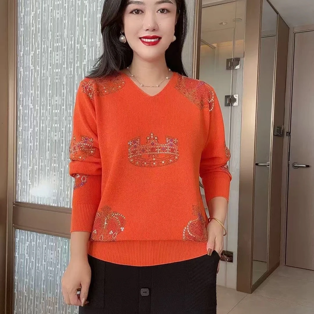 春季烫钻不褪色厚款减龄毛针织衫套头宽松衫针织衫上衣