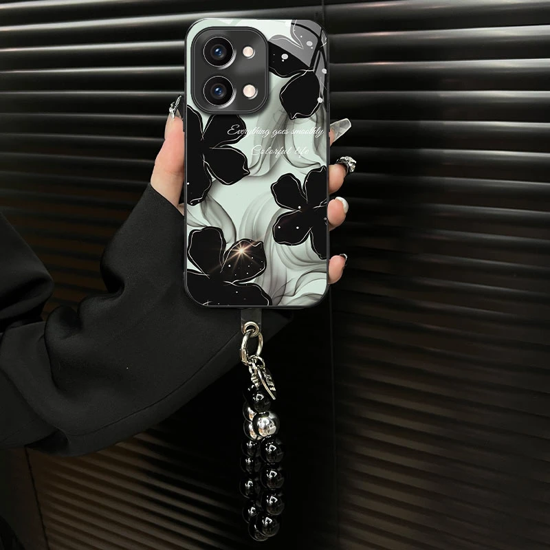 适用于【opporeno9】钛灰电镀玻璃壳水墨花ins风网红创意手机壳女款