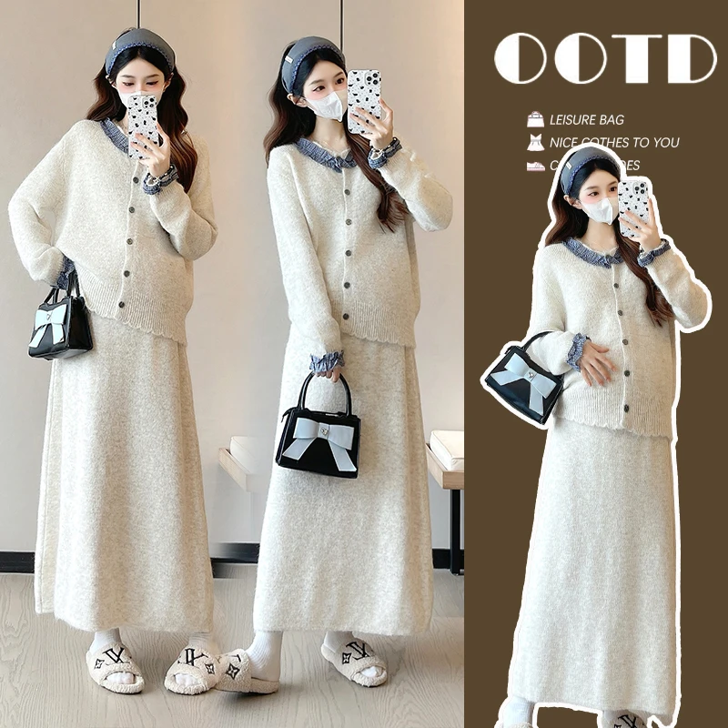 Y4565#9.17孕妇装荷叶边格子孕妇毛衣+半身针织裙百搭孕妇套装